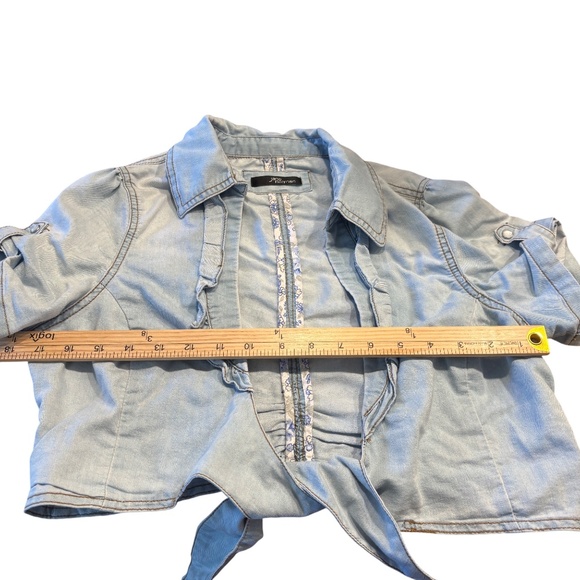 Jane Norman Cropped Denim Tie Front Shirt Blue Size M/L UK 14 - Picture 10 of 10